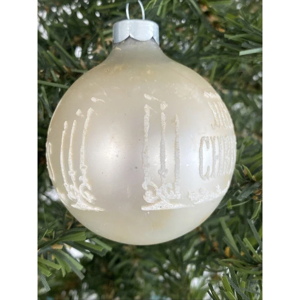 Vintage White Made USA MERRY CHRISTMAS Mica Stenciled Ball Ornament Holiday